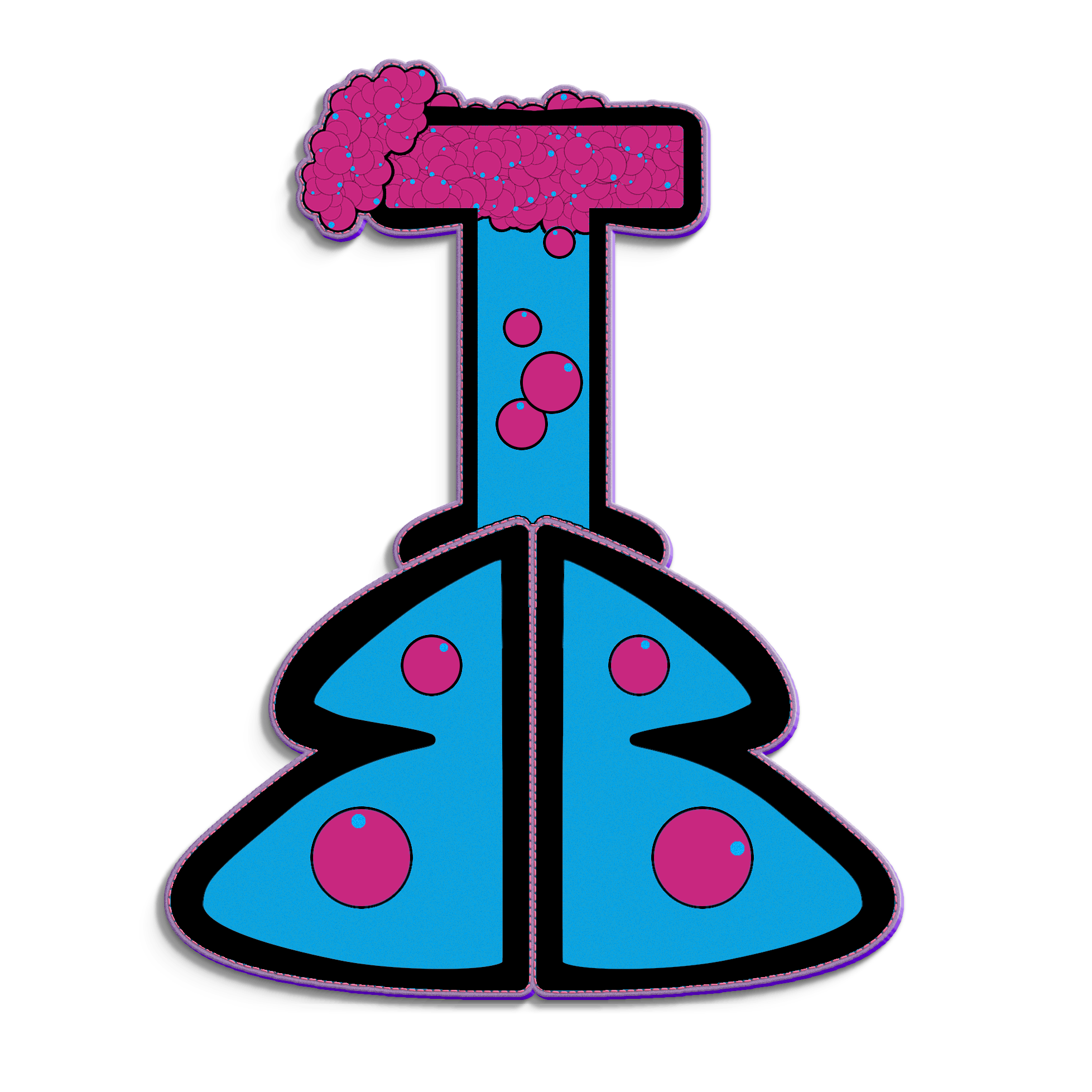 A stylized illustration of a laboratory flask in the shape of the letter 'i', with bubbles and a pink substance at the top, evoking thoughts of Roswell, New Mexico.