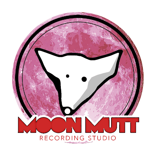 Logo of MOON MUTT Recording Studio featuring a stylized dog head inside a circular frame with a pink textured background, appealing to musicians.