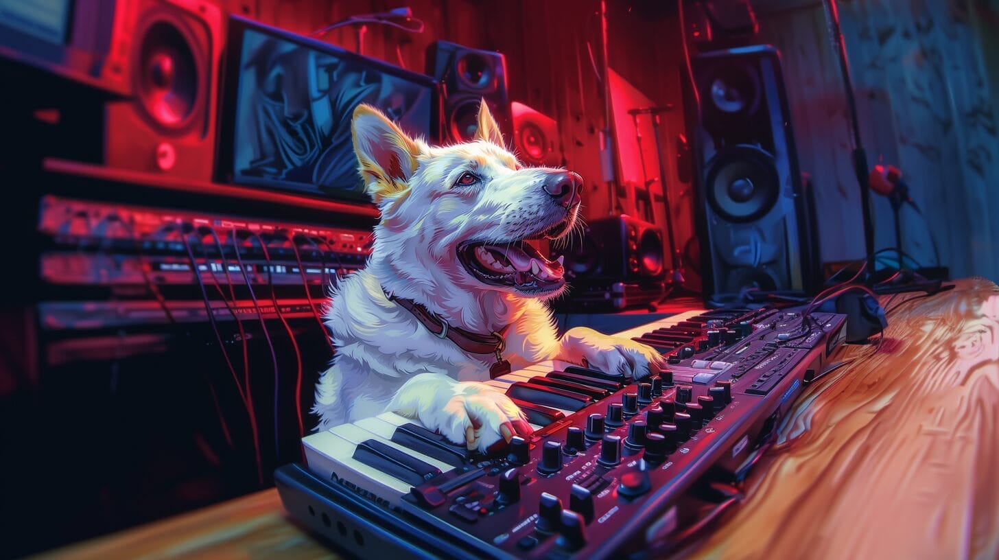 A dog playing a synthesizer in a vibrant recording studio in Roswell, New Mexico, with multiple speakers around. | MOON MUTT Recording Studio